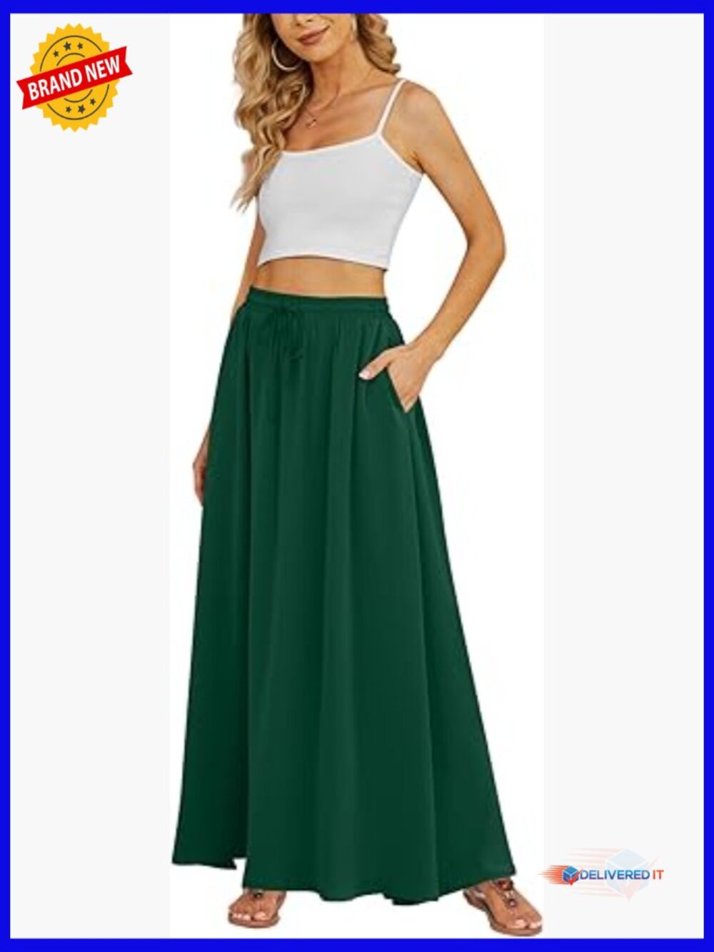 Flowy Maxi Skirt with Pockets High Waisted Pleated Casual Long Skirt